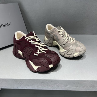 先峰名典欧洲站女鞋2025秋新款欧货真皮网面松糕厚底老爹鞋休闲鞋