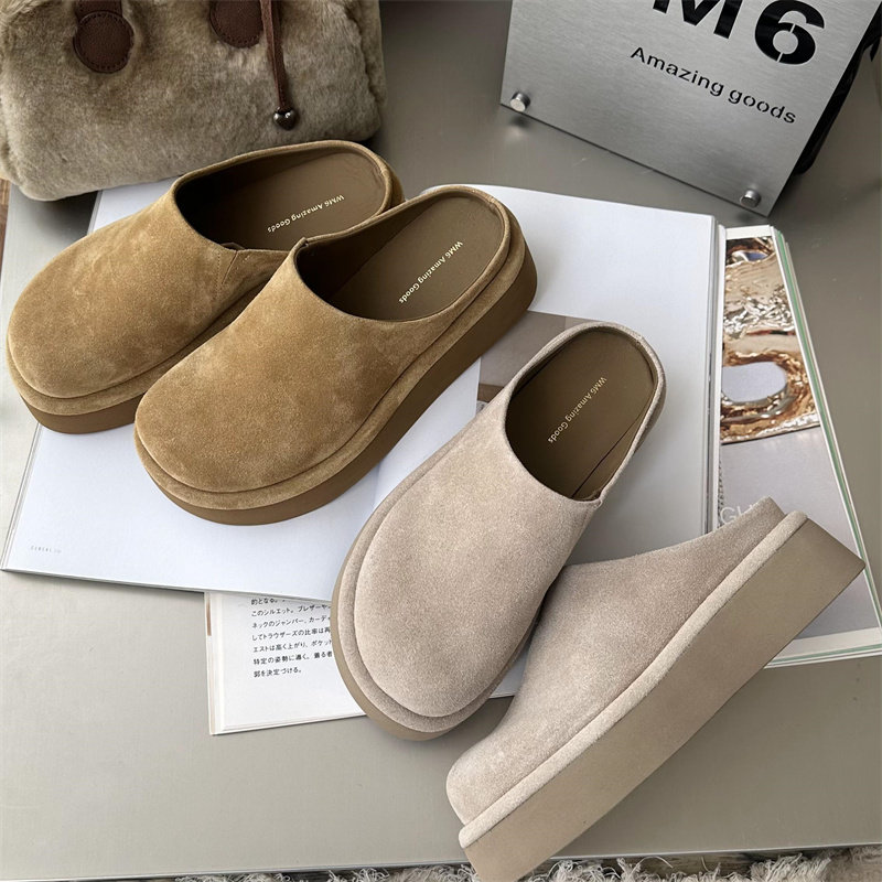 WM6真皮厚底包头拖女2026春新款欧美风一脚蹬厚底休闲勃肯半拖鞋