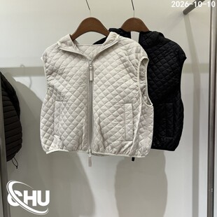 欧洲站2026冬季新款连帽拉链绗缝菱格棉服马甲女短款背心外套