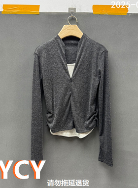 欧洲站2025秋季新款百搭V领拼色假两件长袖简约显瘦T恤女潮63172