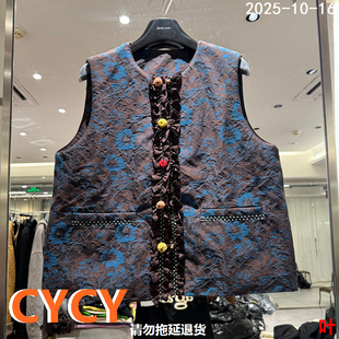 欧洲站2025秋冬新款 加厚棉马甲女8157 百搭圆领单排扣花朵刺绣无袖