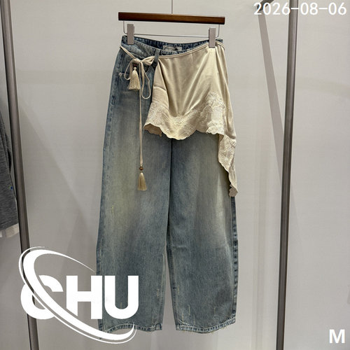 欧洲站2026早秋新款拼蕾丝系带屁帘时髦牛仔裤女弯刀裤长裤11230