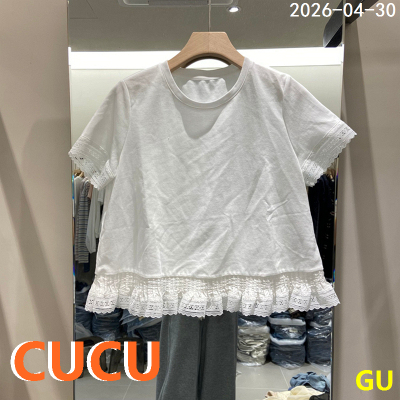 欧洲站2026夏季新款时尚纯色蕾丝拼接百搭宽松短袖T恤女上衣68898