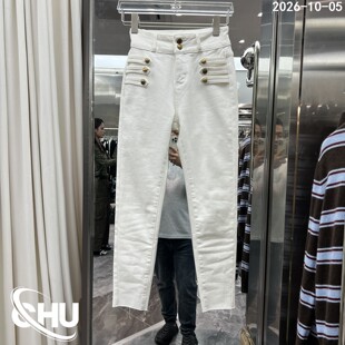 欧洲站2026冬季新款金属扣装饰高腰牛仔裤女修身显瘦小脚裤15838