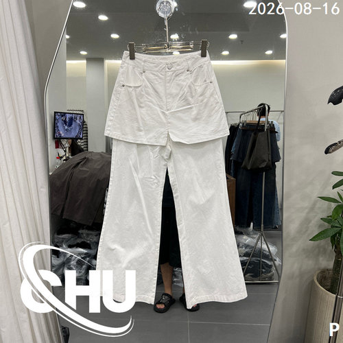 欧洲站高腰纯色拼屁帘微喇休闲裤