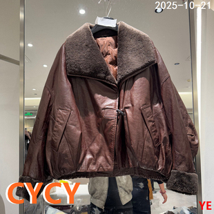 欧洲站2025秋冬新款 百搭翻领纯色简约宽松鹅绒皮衣外套女2558 时尚
