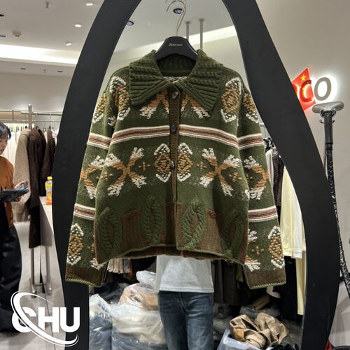 欧货中式复古图案山羊绒毛衣外套