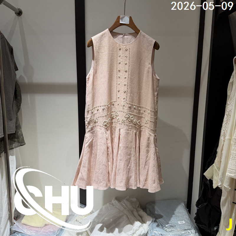 欧洲站2026夏季新款钉珠亚麻无袖背心裙女荷叶下摆连衣裙短裙
