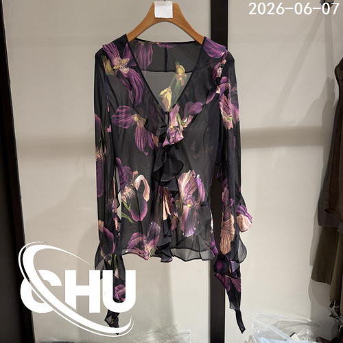 欧洲站2026夏季新款法式浪漫风V领印花真丝衬衫女荷叶边上衣3413