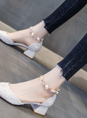 包头凉鞋女3cm粗跟中跟夏季新款时尚百搭仙女风中空单鞋高跟鞋子