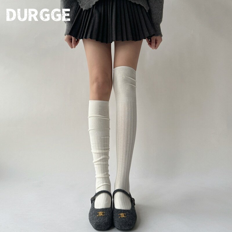日本durgge竖条纹过膝袜子女春秋冬奶白色拼接显瘦竖条堆堆长筒袜