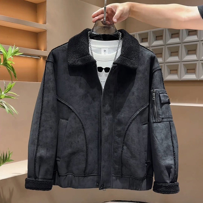 复古仿皮毛一体皮棉衣夹克外套冬季麂皮绒翻领男高端加厚保暖宽松