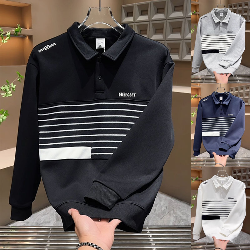 高级感2025美式潮流加绒男士百搭polo衫条纹拼接翻领时尚条纹卫衣