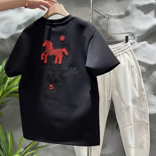 潮牌休闲男装潮流短袖马年时尚圆领百搭高级感本命年半袖男装打底