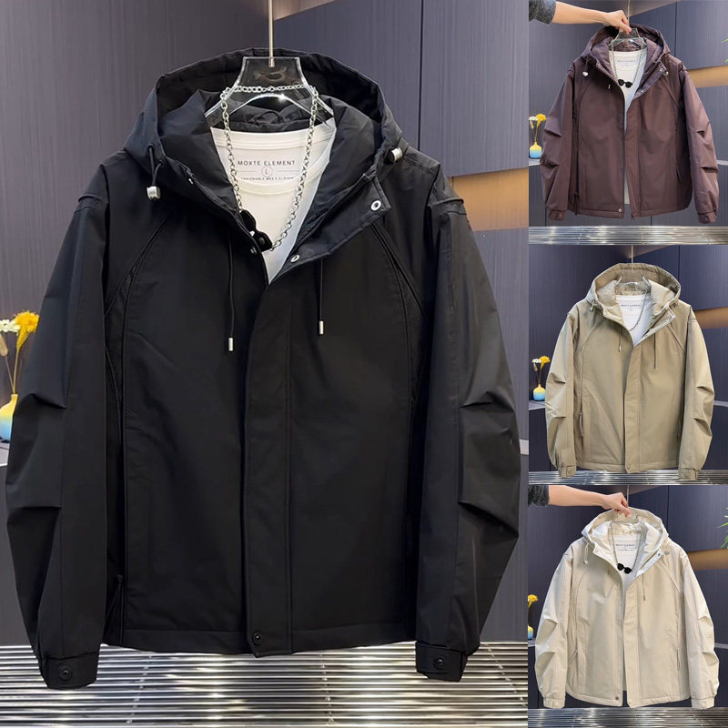 秋冬新款简约夹棉连帽外套男休闲防风冲锋衣潮流百搭青年痞帅夹克