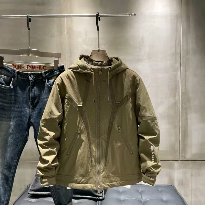 2025秋冬新款时尚连帽保暖棉衣男士长袖宽松拼接潮流休闲棉服外套