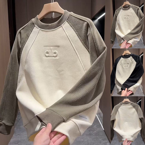 男士撞色拼接加绒加厚ins卫衣网红圆领宽松百搭长袖高级感T恤打底