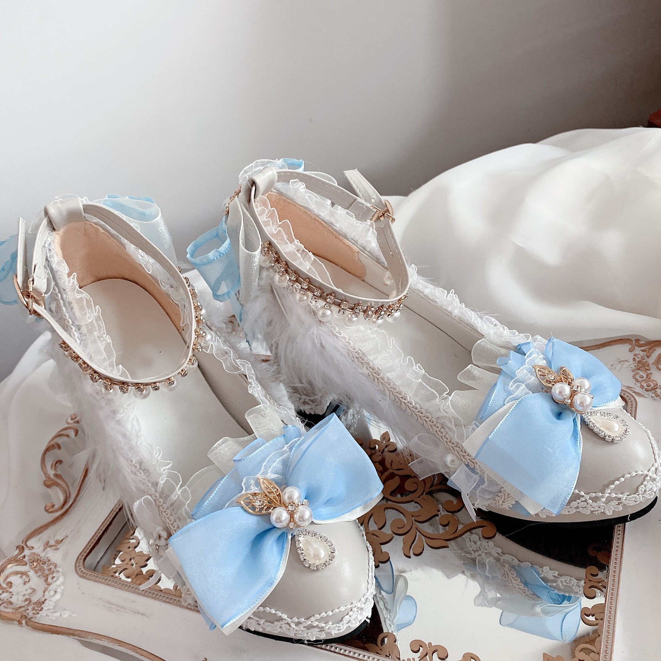 少女心lolita手作蓝粉色粗跟lo鞋花嫁款甜美百搭天国少女茶会款