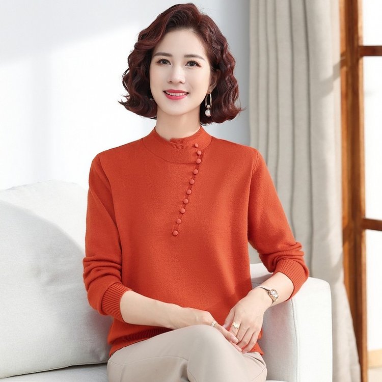 中式半高领毛衣女中老年复合面料妈妈装宽松打底针织衫上衣