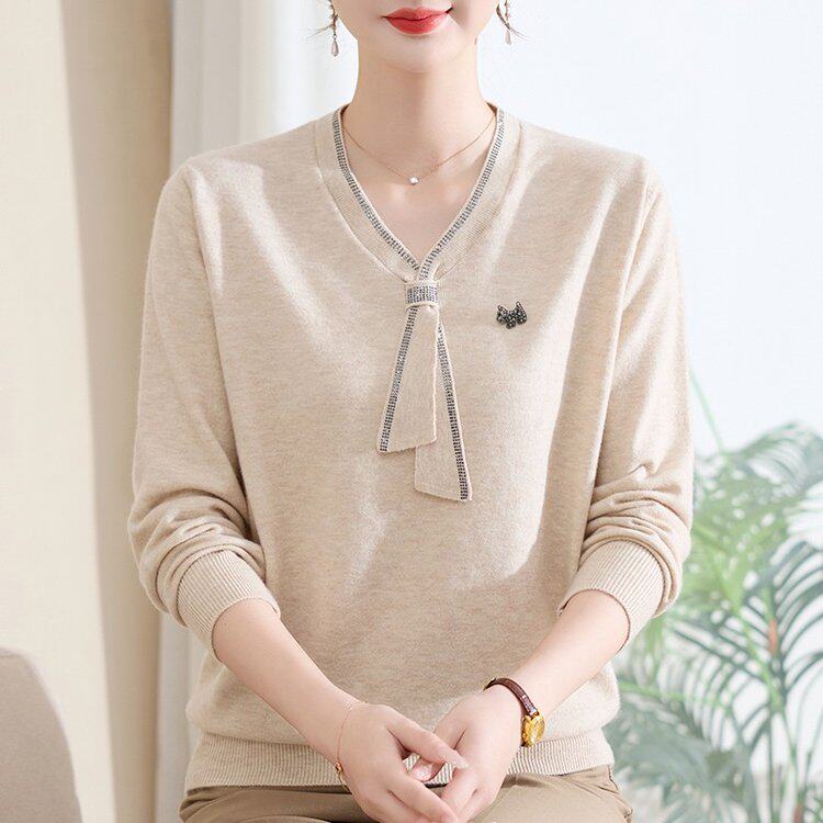 帕依中式V领蝴蝶结针织衫中老年女装洋气高贵打底衫妈妈装