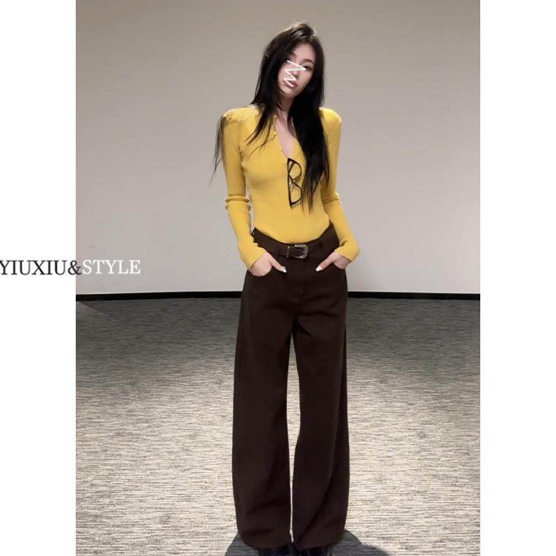 美拉德棕咖色阔腿牛仔裤女高腰直筒宽松百搭辣妹拖地裤子加长春秋