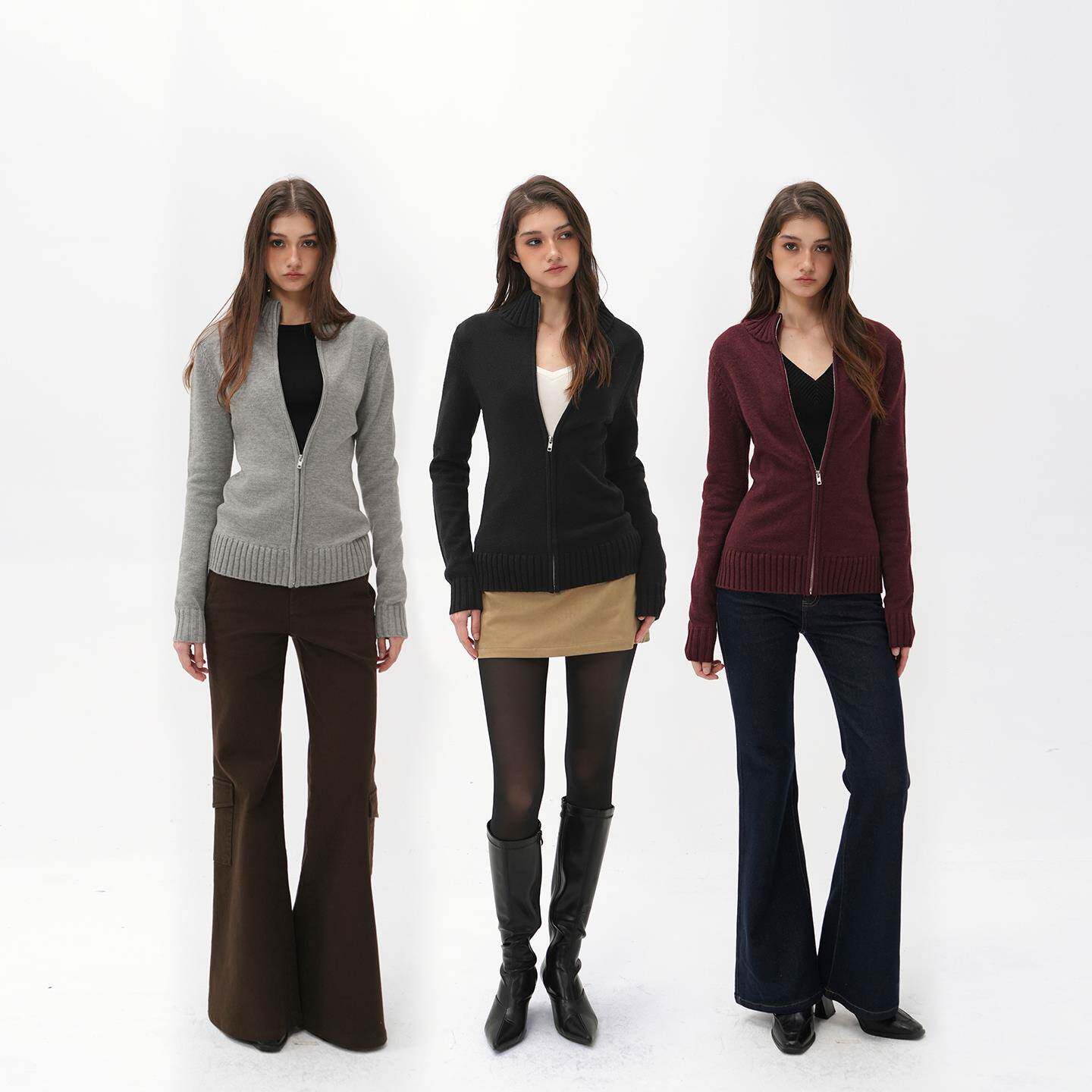 Jim Kennet羊毛立领拉链针织保暖毛衣开衫