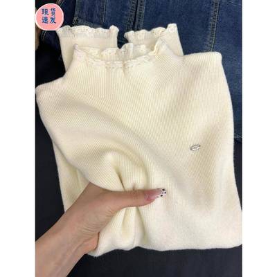 法式秋冬蕾丝边修身打底衫女皮草内搭半高领毛衣气质长袖针织上衣