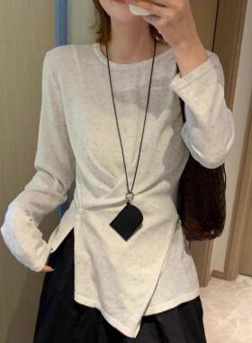 亏清！交叉设计麻点杂色针织衫圆领打底女显瘦长袖衫