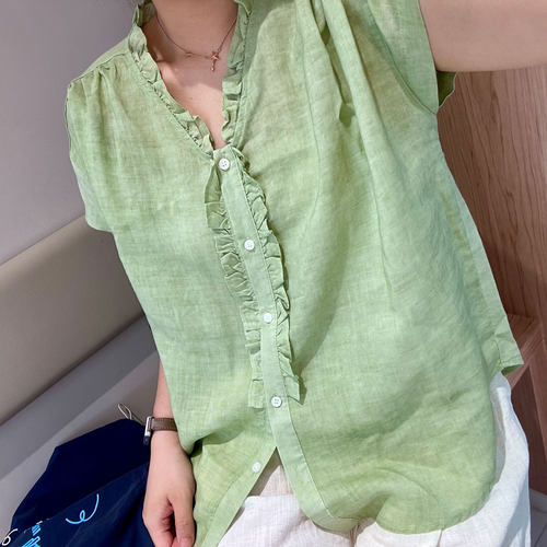 MORDEN 轻氧呼吸感！绿色天丝亚麻花边衬衫上衣女夏薄款V领娃娃衫