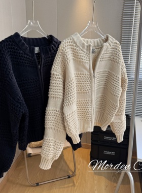 Morden 复古重工菠萝粗针毛衣外套女秋冬气质厚实双拉链针织开衫