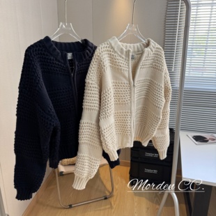 Morden 复古重工菠萝粗针毛衣外套女秋冬气质厚实双拉链针织开衫