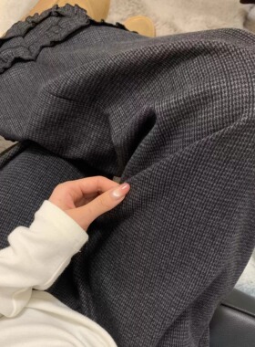 Modern深灰格纹花边阔腿裤女冬季宽松高腰显瘦慵懒风小个子休闲裤