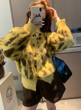 亏清！ 复古豹纹 秋冬高级感立领毛衣女宽松慵懒长毛保暖针织衫
