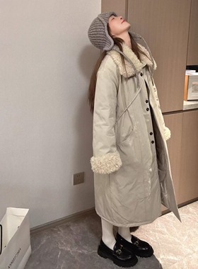 Morden 保暖加倍 羊羔毛拼接风衣棉服外套加厚韩系派克服长款女冬