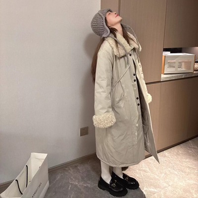 Morden 保暖加倍 羊羔毛拼接风衣棉服外套加厚韩系派克服长款女冬