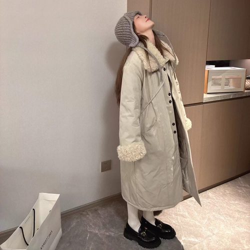 Morden 保暖加倍 羊羔毛拼接风衣棉服外套加厚韩系派克服长款女冬