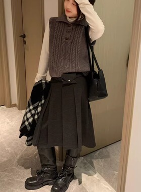 Morden 韩系复古秋冬毛呢百褶裙+皮带腰包女新款高腰显瘦半身裙