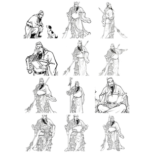 关羽关胜帝君关老爷 A4A3白描画图样纸 线描工笔填色扇面葫芦参考