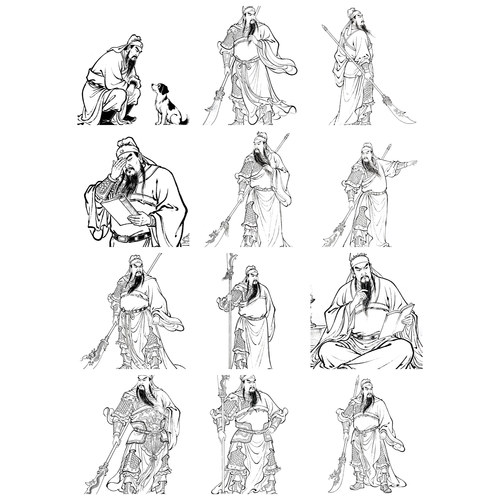 关羽关胜帝君关老爷 A4A3白描画图样纸 线描工笔填色扇面葫芦参考