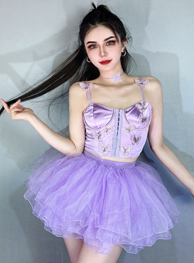 新款酒吧ds演出服gogo领舞性感爵士舞dj女团队表演紫色蓬蓬裙套装