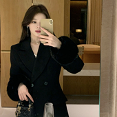 ByYou 加厚羽绒内胆双排扣呢大衣 毛呢外套女短款 冬季 羊毛黑色西装