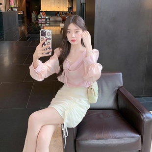 ByYou 白色高腰半身裙女设计感抽皱网纱拼接显瘦包臀短裙子 夏季