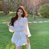 白色蕾丝花边V领雪纺连衣裙短款 ByYou 灯笼袖 新款 收腰仙女裙 春季