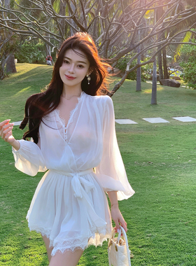 ByYou 夏季新款灯笼袖白色蕾丝花边V领雪纺连衣裙短款收腰仙女裙