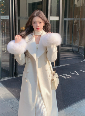 ByYou 冬季袖口真狐狸毛白色羊毛毛呢外套女中长款过膝双排扣大衣
