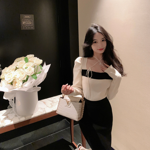 ByYou 冬季法式纯欲方领兔绒针织衫女修身显瘦内搭保暖毛衣打底衫