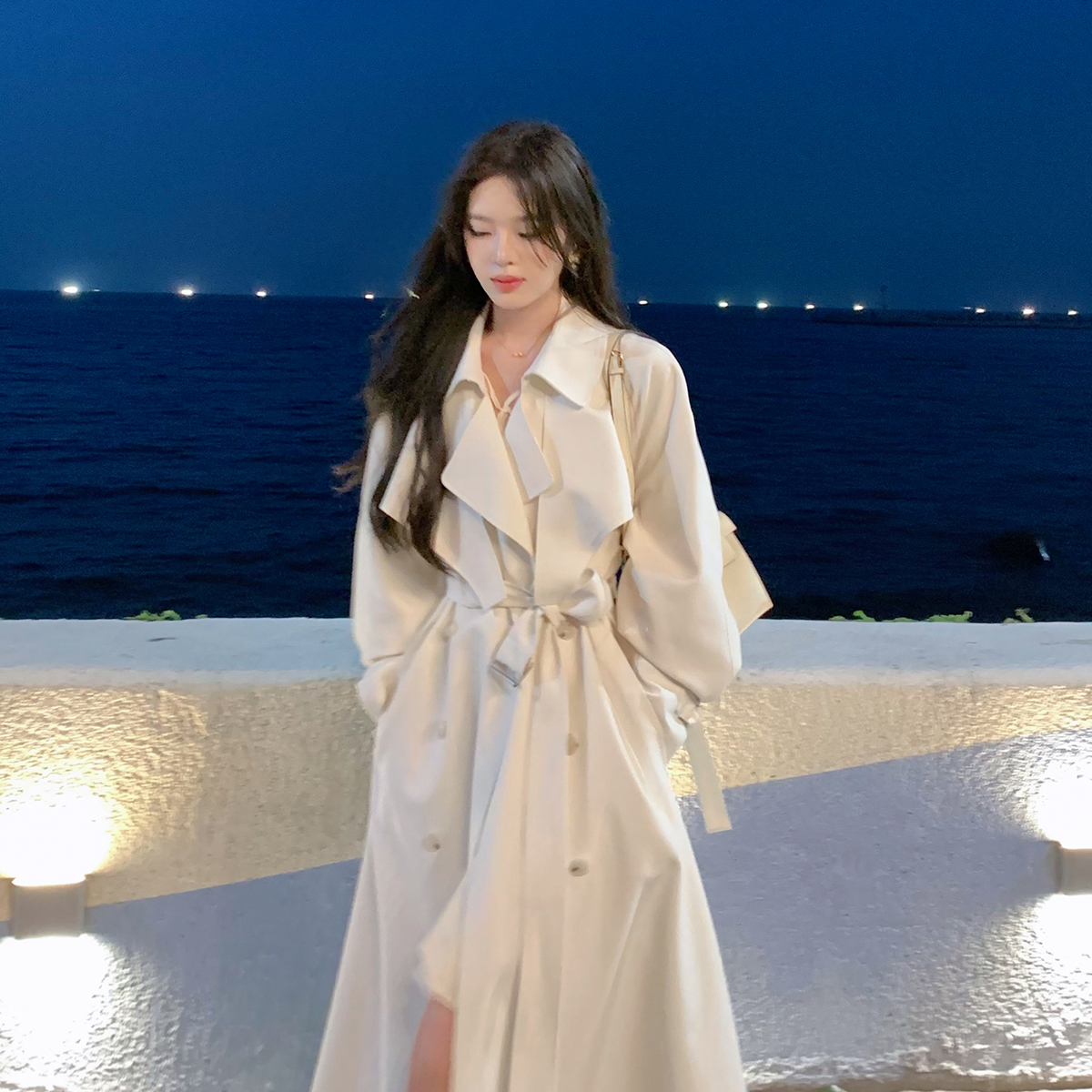 ByYou 春季新款高级感白色风衣外套女中长款收腰垂感英伦休闲大衣