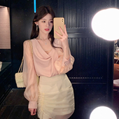 夏季 绸缎衬衫 泡泡袖 女设计感宽松长袖 上衣 缎面粉色雪纺衫 ByYou