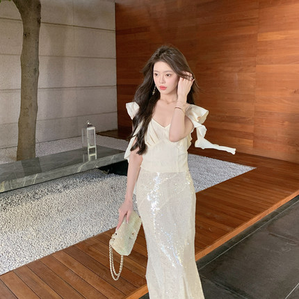 ByYou 夏季法式小飞袖荷叶边白色缎面蕾丝上衣女短款内搭吊带背心