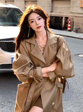 ByYou 2026春季新款英伦风卡其色收腰风衣外套女长款气质休闲大衣